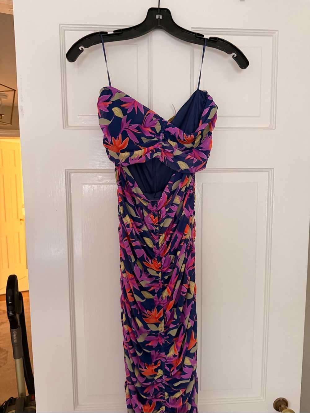 NWT Floral Ruched Navy Maxi Dress with Pink & Orange Print,